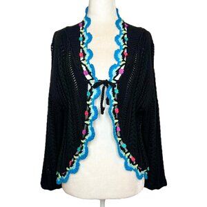 Vintage Relativity Black Cotton Crochet Tie-Front Cardigan Sweater